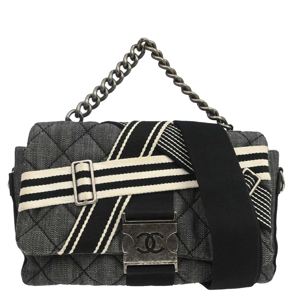 Chanel 2016-2017 Black Quilted Denim Medium Airlines Buckle 2way Shoulder Handbag