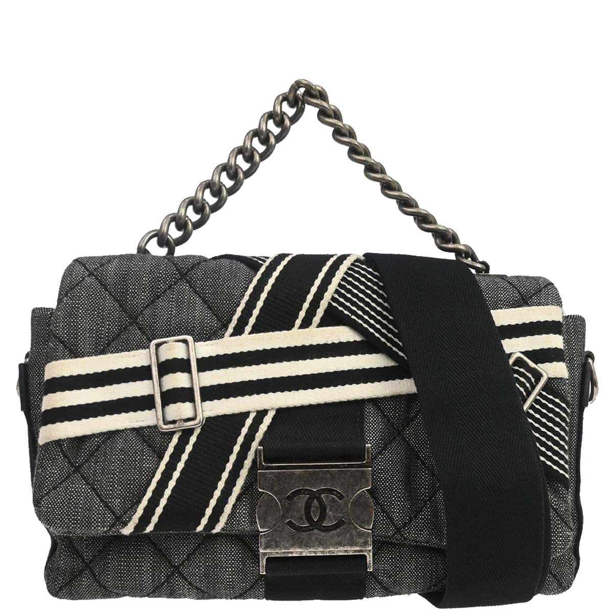 Chanel 2016-2017 Black Quilted Denim Medium Airlines Buckle 2way Shoulder Handbag