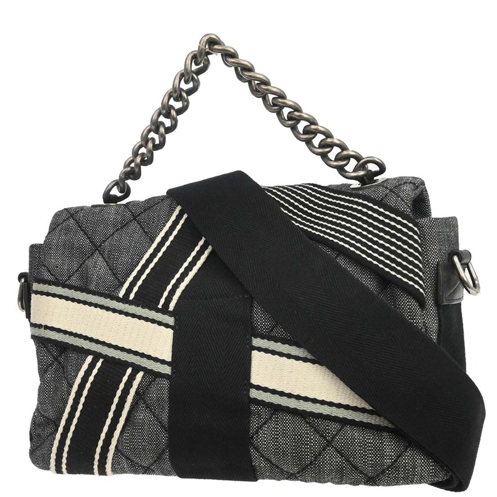 Chanel 2016-2017 Black Quilted Denim Medium Airlines Buckle 2way Shoulder Handbag