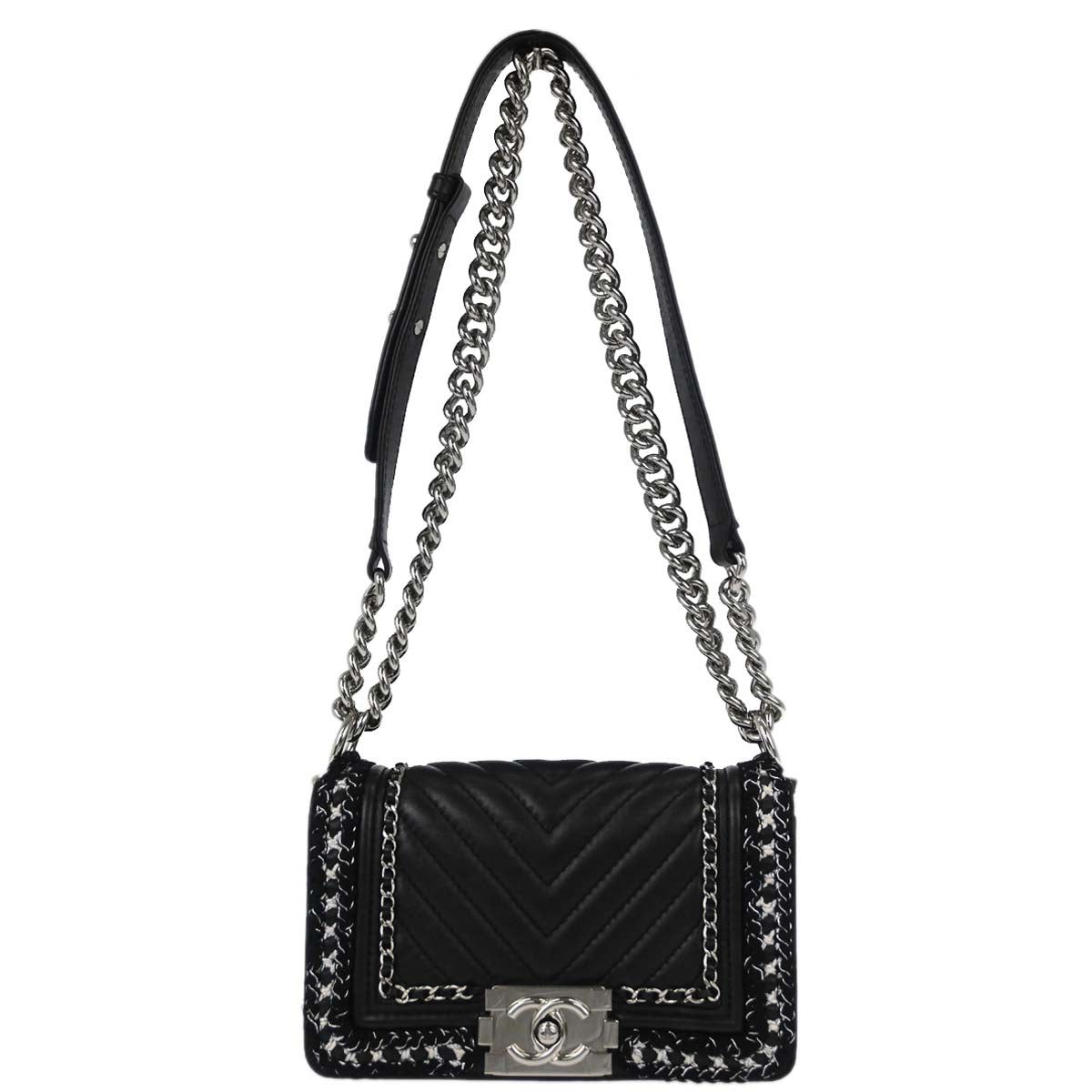 Boy Chanel 2017-2018 Black Lambskin Tweed Chevron Small Chain Shoulder Bag 167312