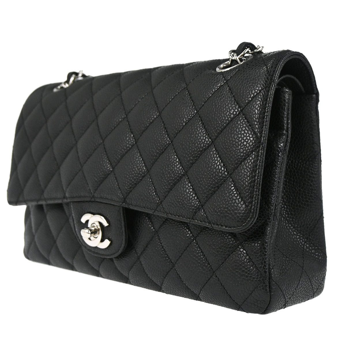 Chanel 2010-2011 Black Caviar Skin Medium Classic Double Flap Shoulder Bag
