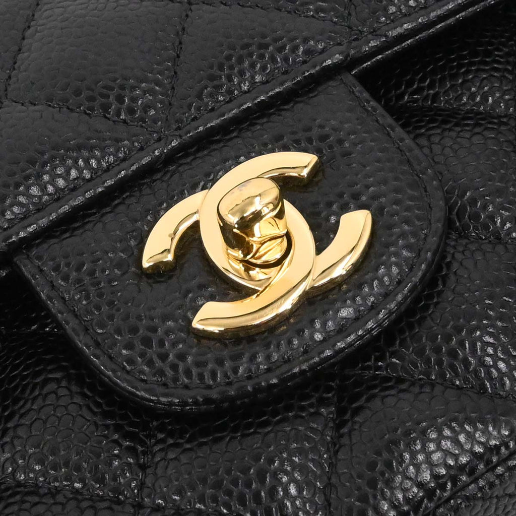 Chanel 2017-2018 Black Caviar Skin Medium Classic Double Flap Shoulder Bag