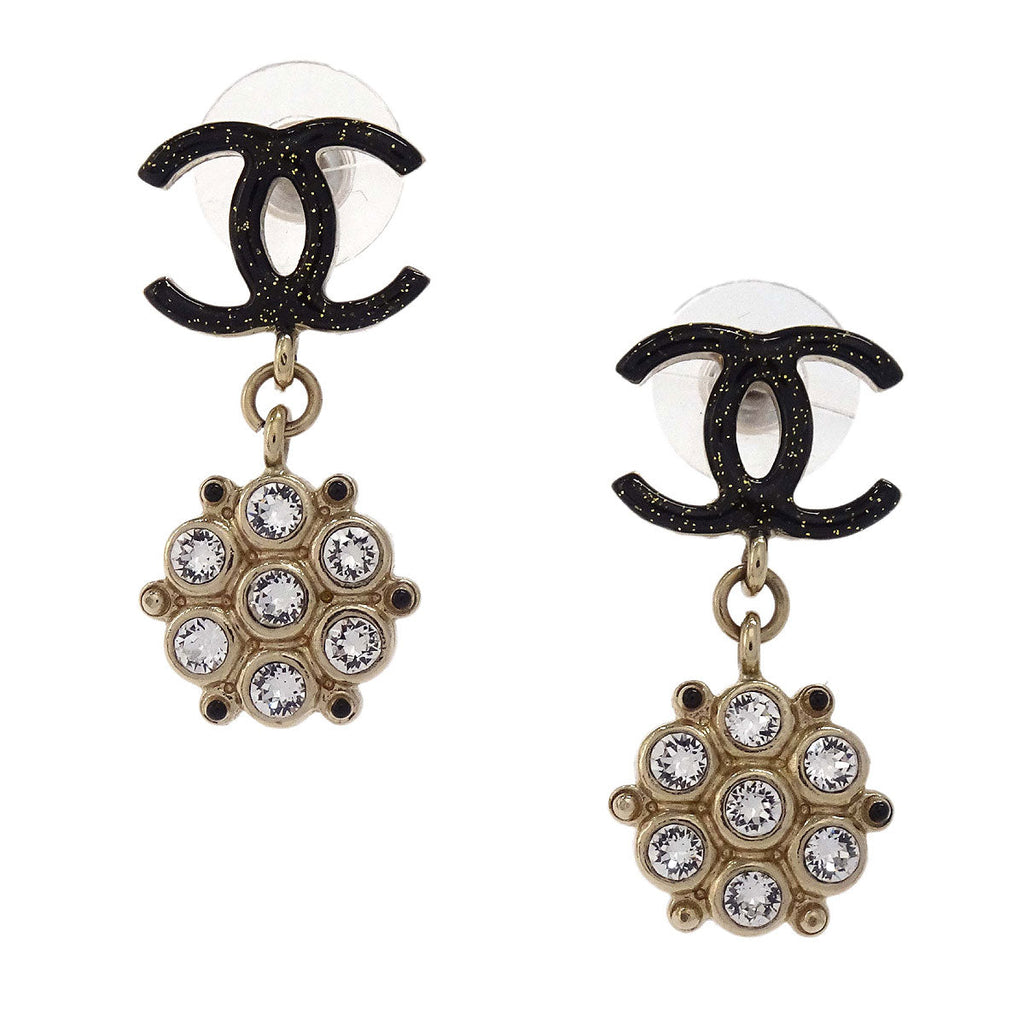 Chanel CC Dangle Pierced Earrings Gold Black Rhinestone B19B