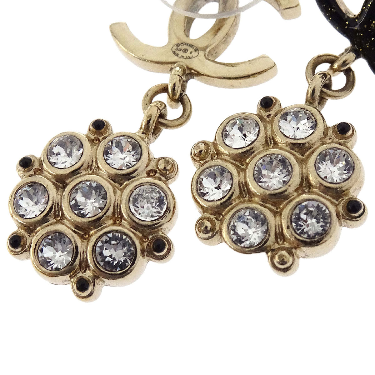 Chanel CC Dangle Pierced Earrings Gold Black Rhinestone B19B