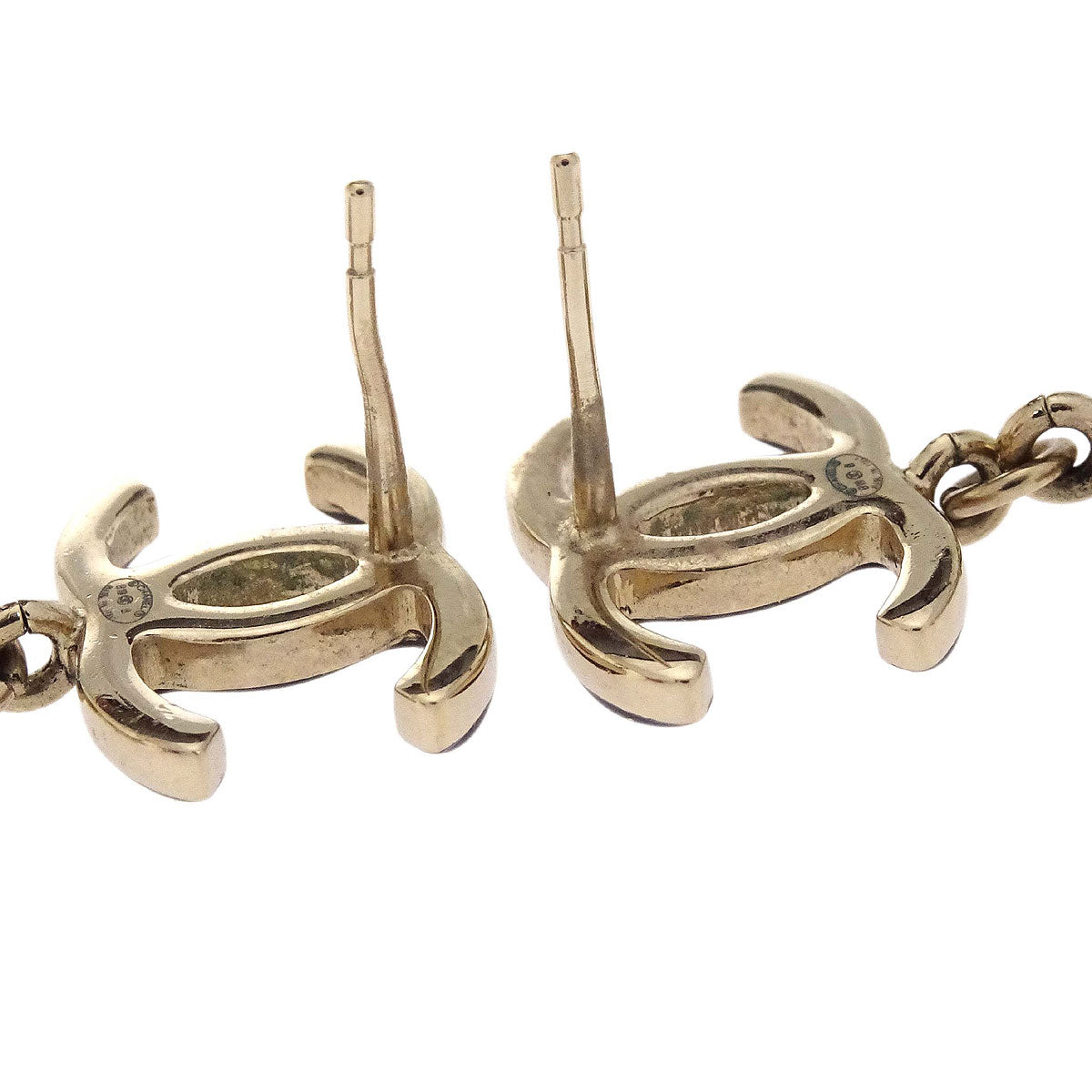 Chanel CC Dangle Pierced Earrings Gold Black Rhinestone B19B