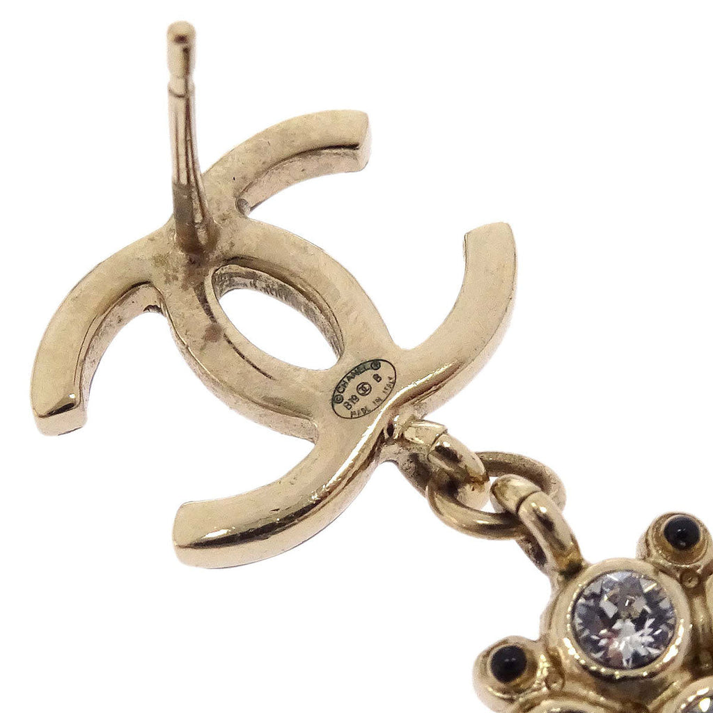 Chanel CC Dangle Pierced Earrings Gold Black Rhinestone B19B