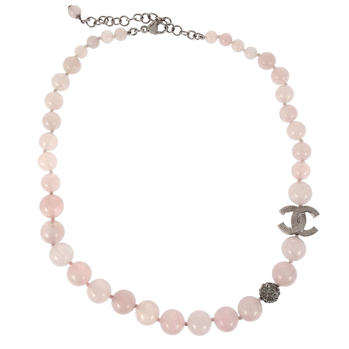 Chanel Chain Necklace Silver Pink Beaded Rhinestone 15S