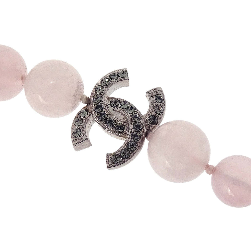 Chanel Chain Necklace Silver Pink Beaded Rhinestone 15S
