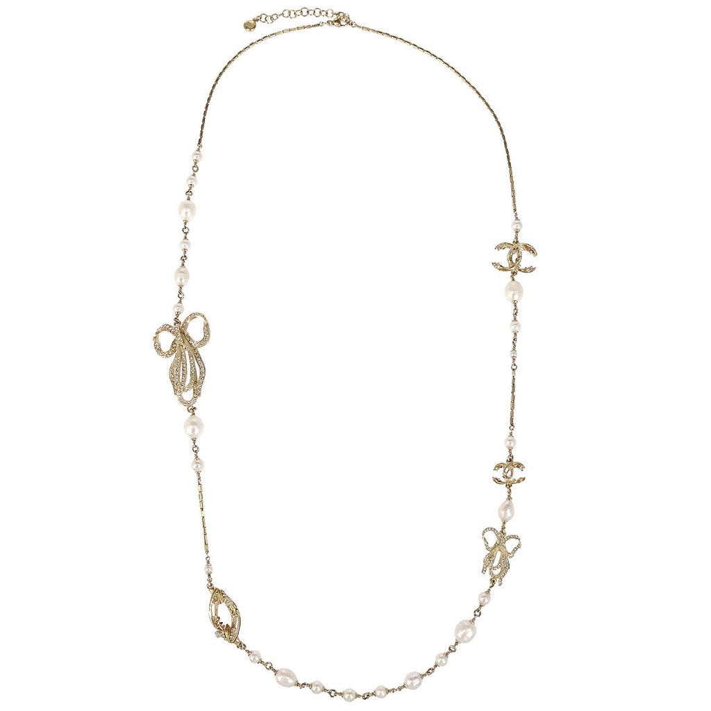 Chanel Chain Necklace Gold Rhinestone Costume Pearl CC Bow 13C