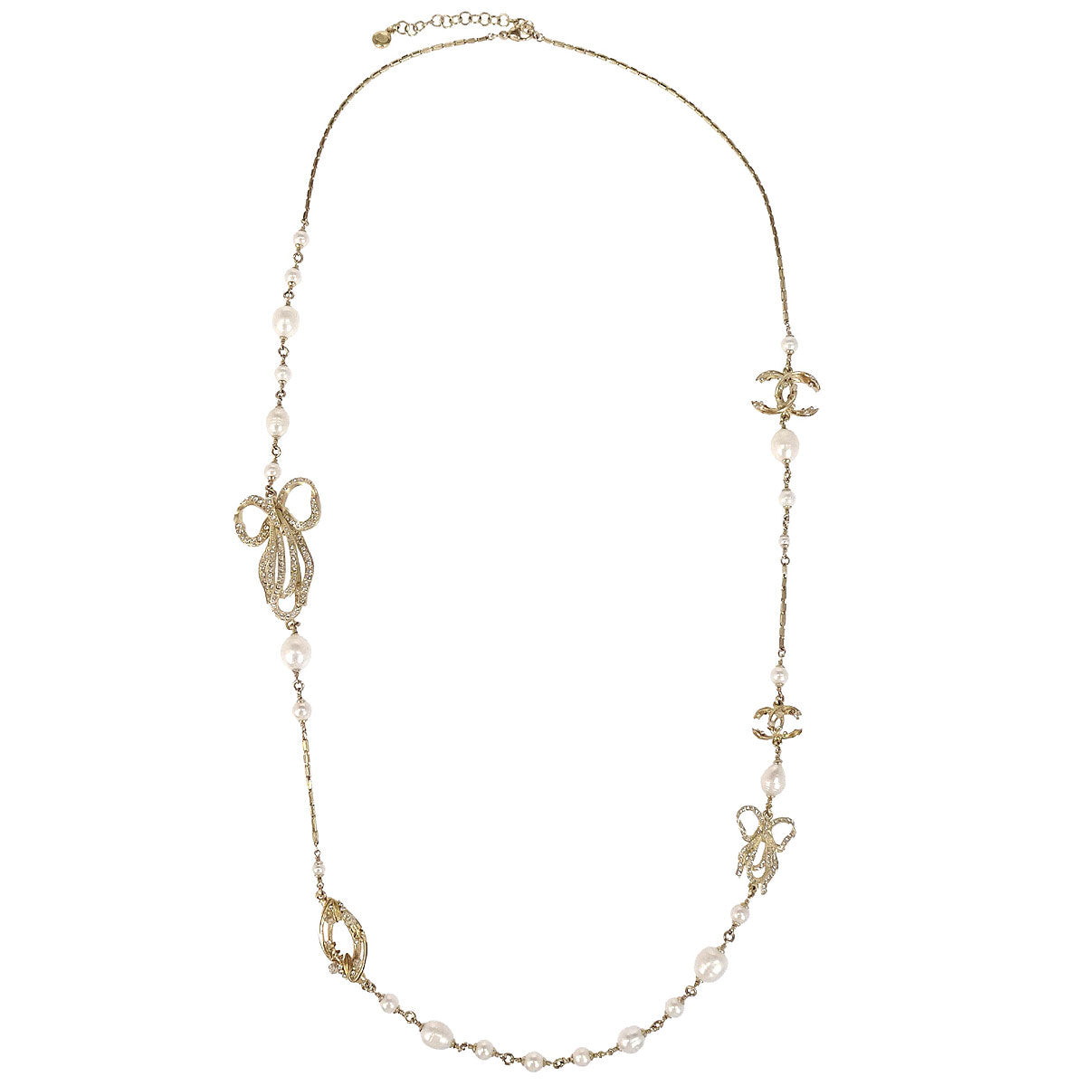 Chanel Chain Necklace Gold Rhinestone Costume Pearl CC Bow 13C