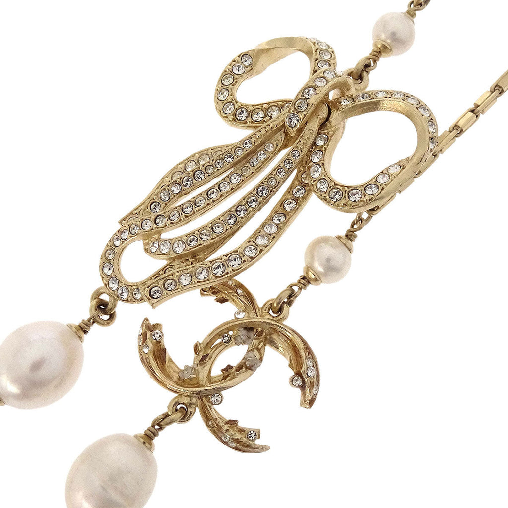 Chanel Chain Necklace Gold Rhinestone Costume Pearl CC Bow 13C