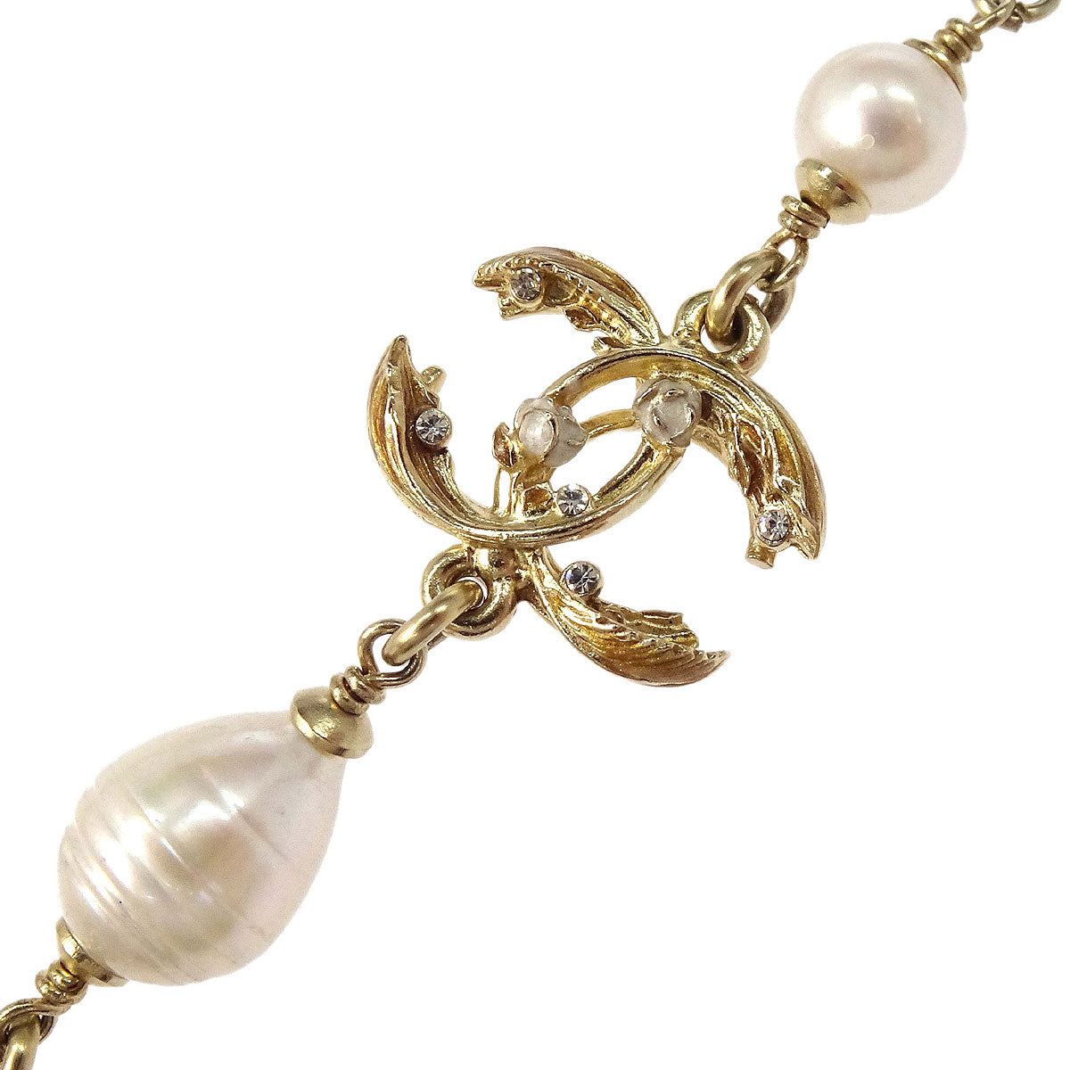 Chanel Chain Necklace Gold Rhinestone Costume Pearl CC Bow 13C