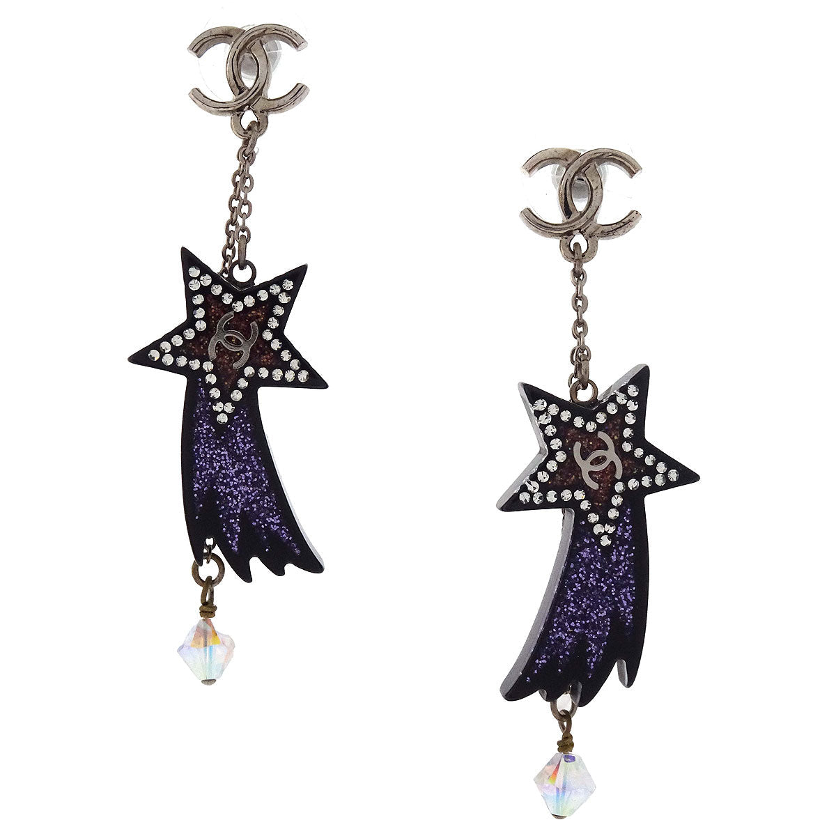 Chanel CC Shooting Star Dangle Pierced Earrings Silver 17K