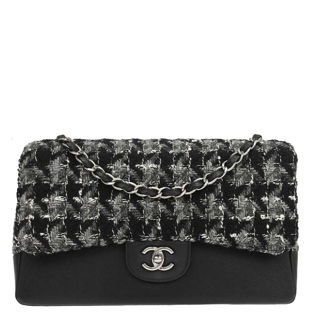 Chanel 2017 Black Caviar Skin Tweed Jumbo Classic Double Flap Shoulder Bag