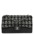 Chanel 2017 Black Caviar Skin Tweed Jumbo Classic Double Flap Shoulder Bag
