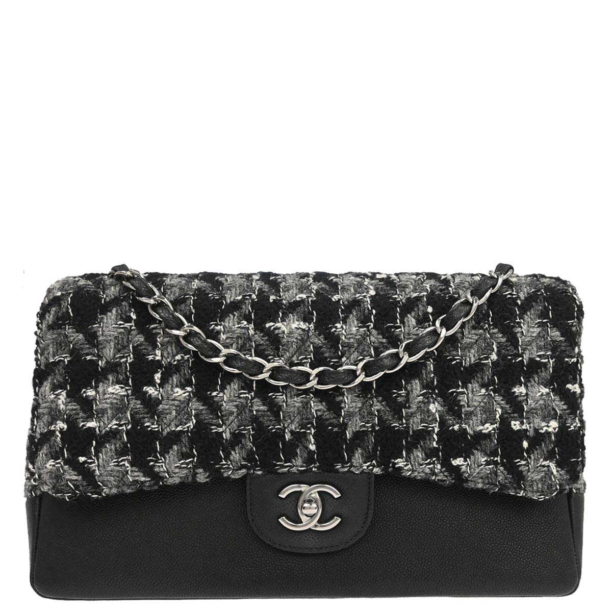 Chanel 2017 Black Caviar Skin Tweed Jumbo Classic Double Flap Shoulder Bag