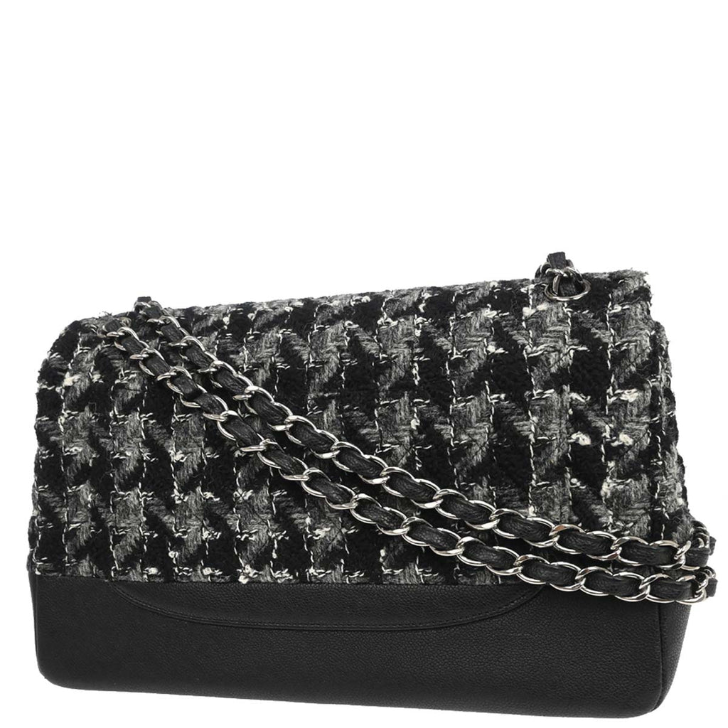 Chanel 2017 Black Caviar Skin Tweed Jumbo Classic Double Flap Shoulder Bag