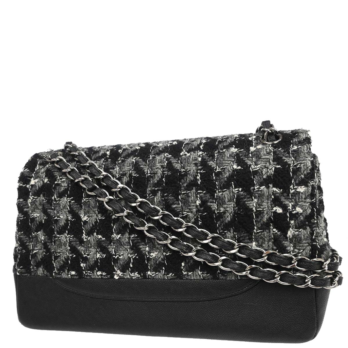 Chanel 2017 Black Caviar Skin Tweed Jumbo Classic Double Flap Shoulder Bag