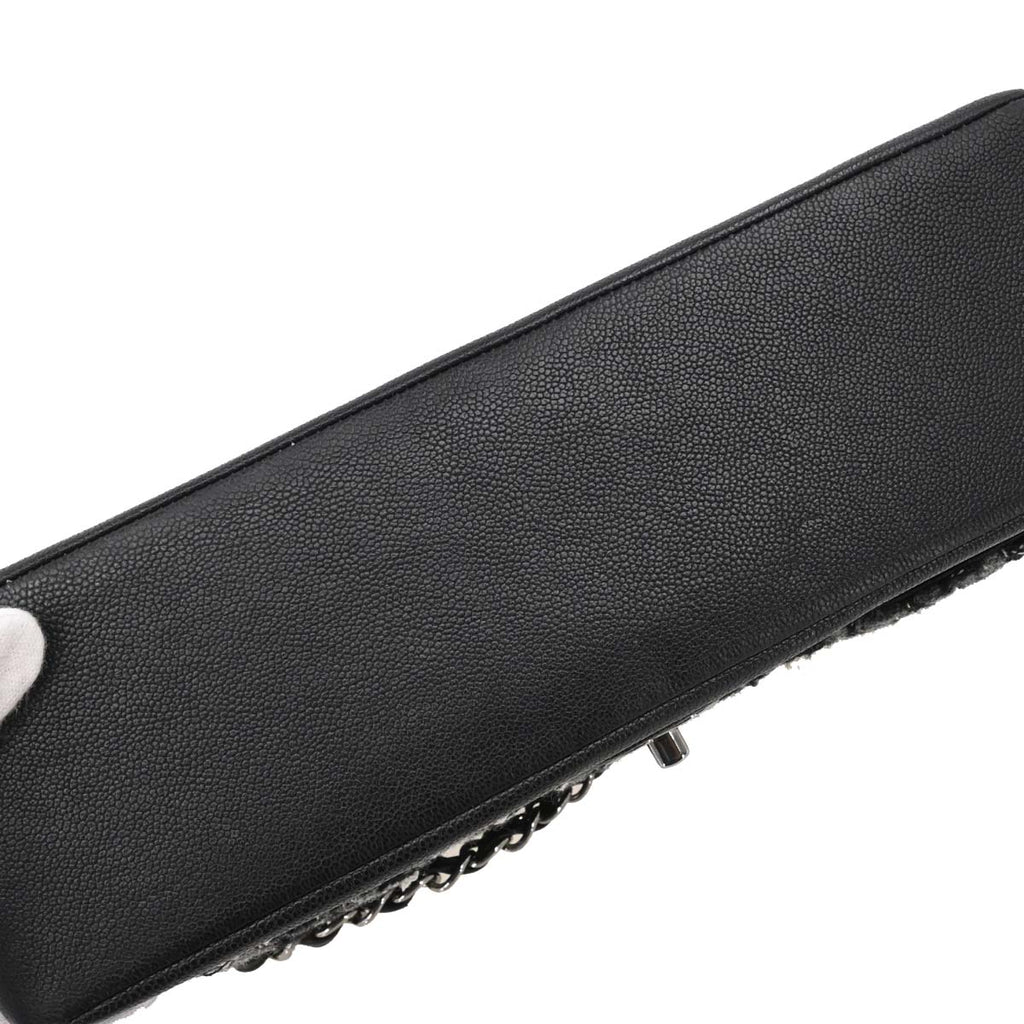 Chanel 2017 Black Caviar Skin Tweed Jumbo Classic Double Flap Shoulder Bag