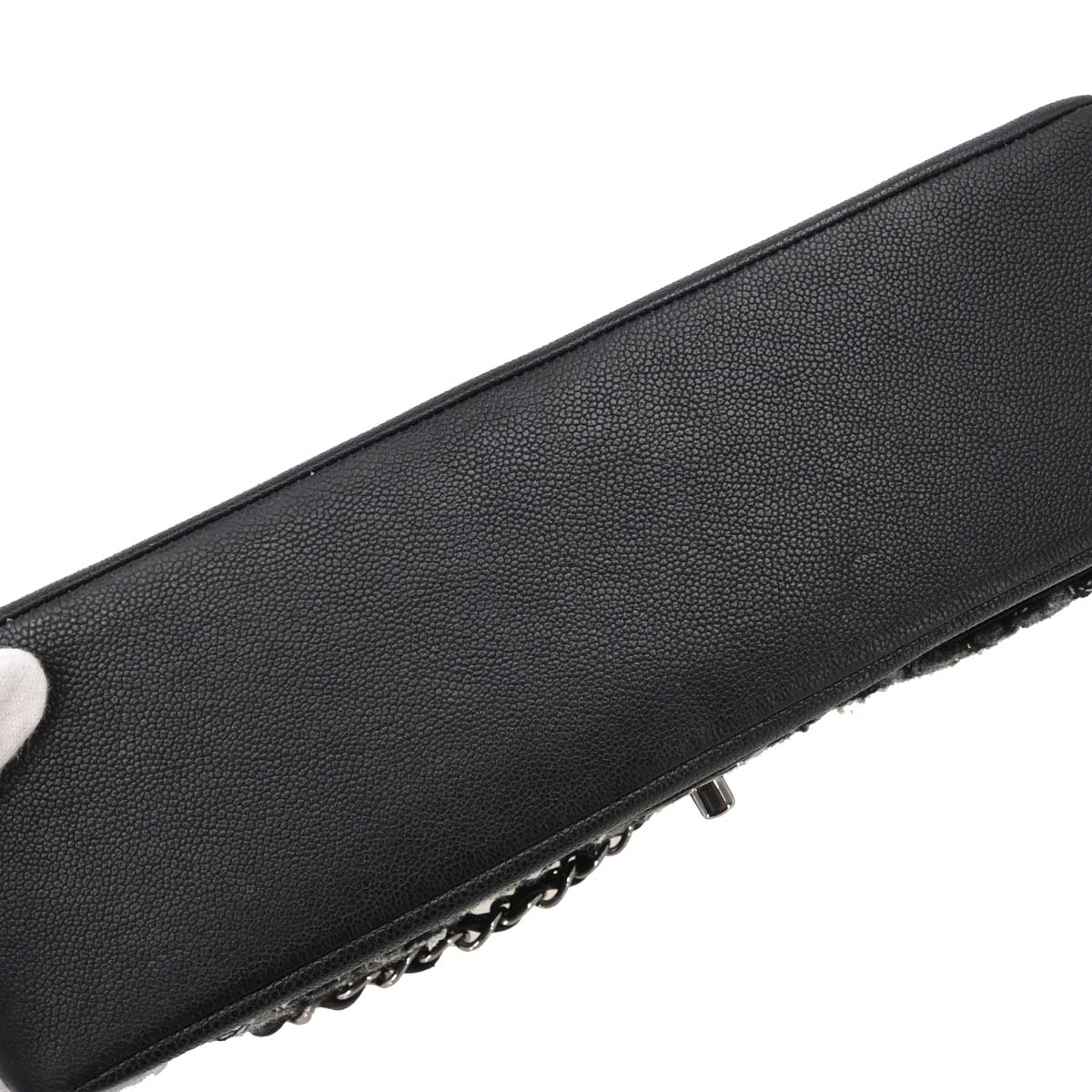 Chanel 2017 Black Caviar Skin Tweed Jumbo Classic Double Flap Shoulder Bag