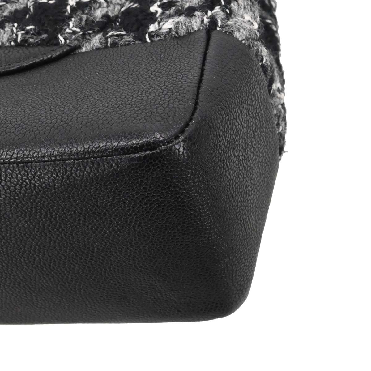 Chanel 2017 Black Caviar Skin Tweed Jumbo Classic Double Flap Shoulder Bag