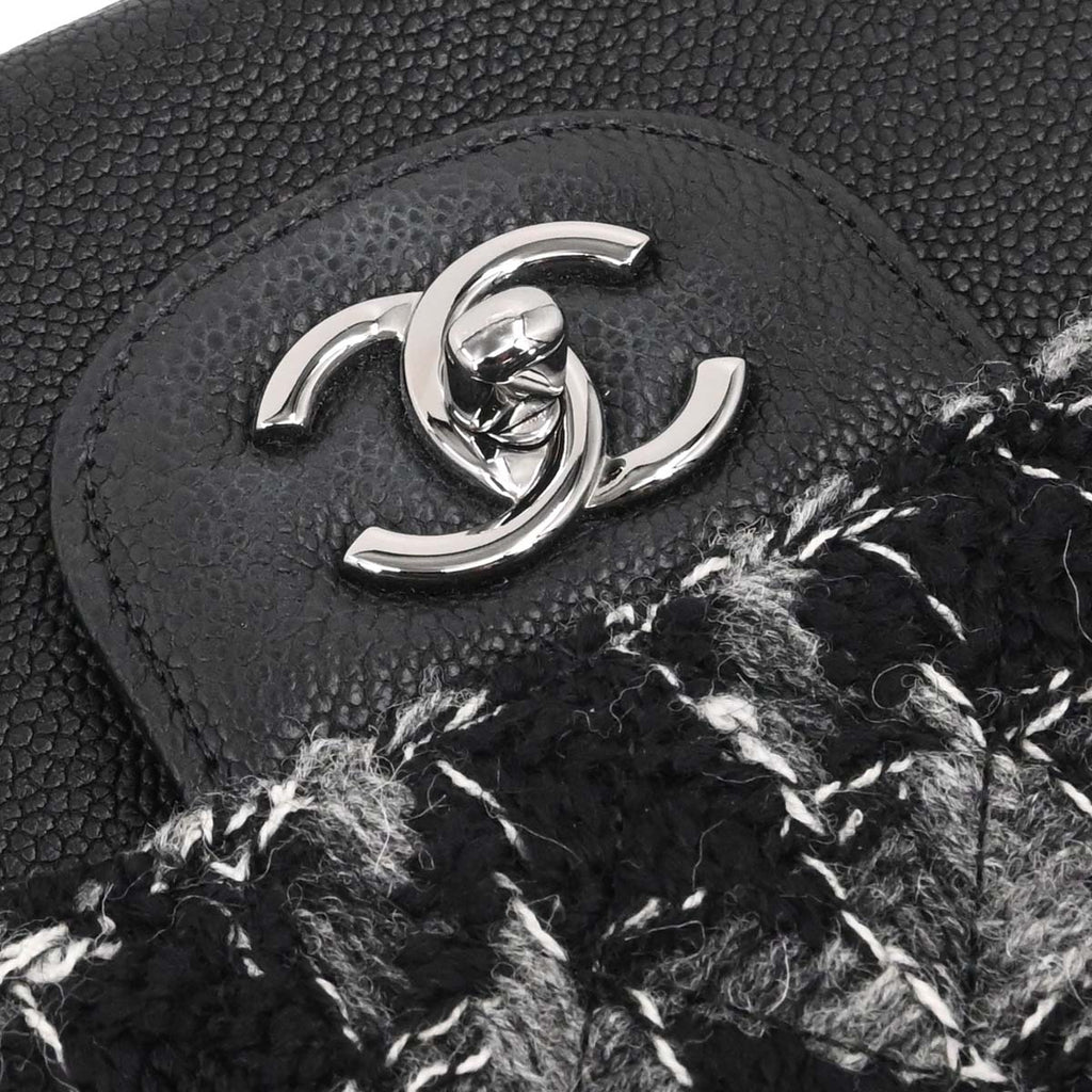 Chanel 2017 Black Caviar Skin Tweed Jumbo Classic Double Flap Shoulder Bag