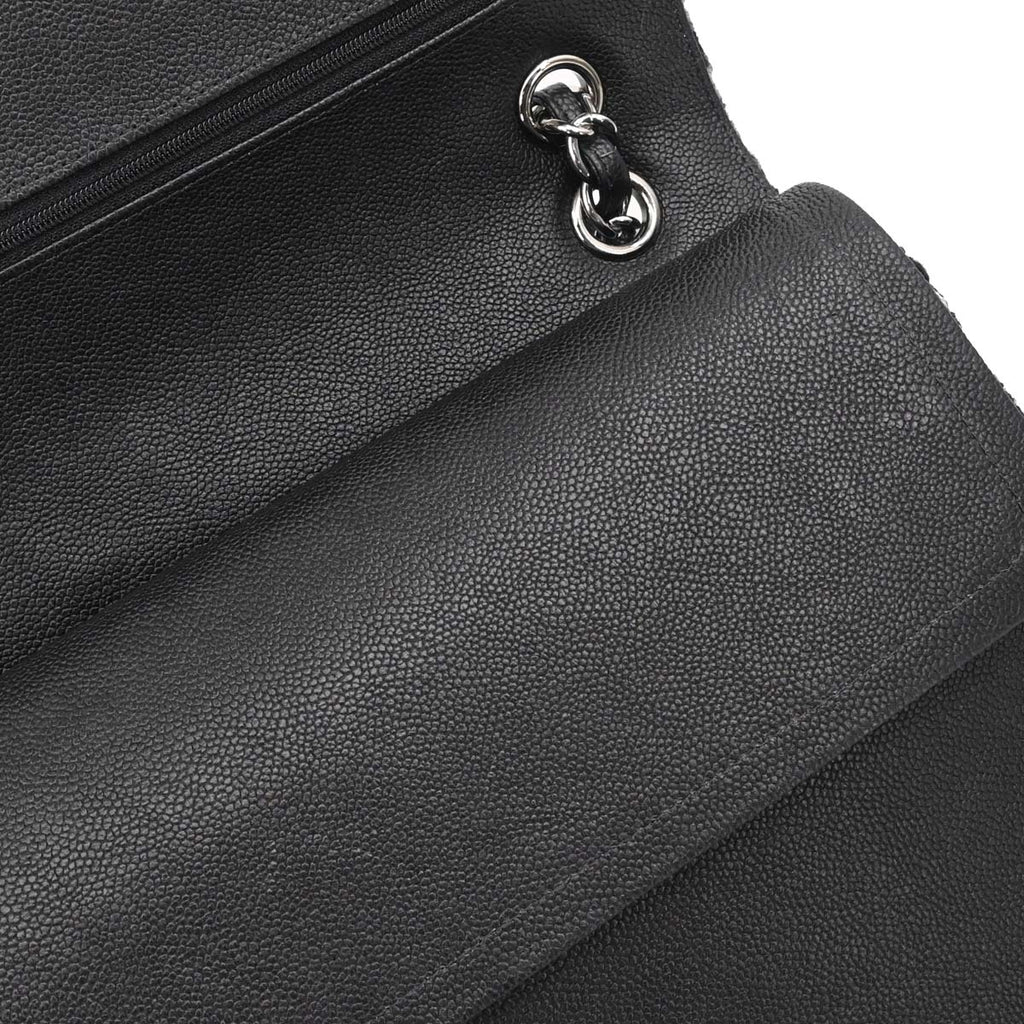 Chanel 2017 Black Caviar Skin Tweed Jumbo Classic Double Flap Shoulder Bag