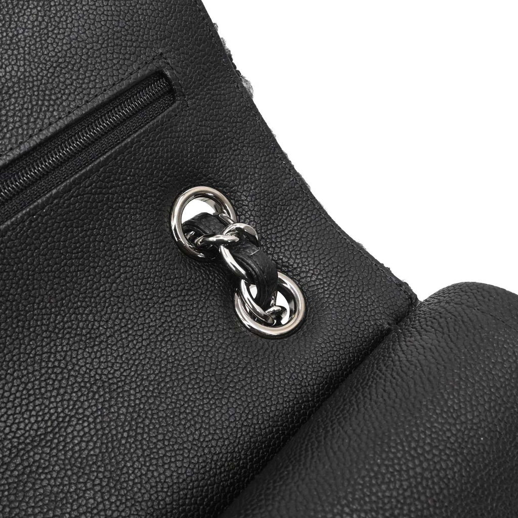 Chanel 2017 Black Caviar Skin Tweed Jumbo Classic Double Flap Shoulder Bag