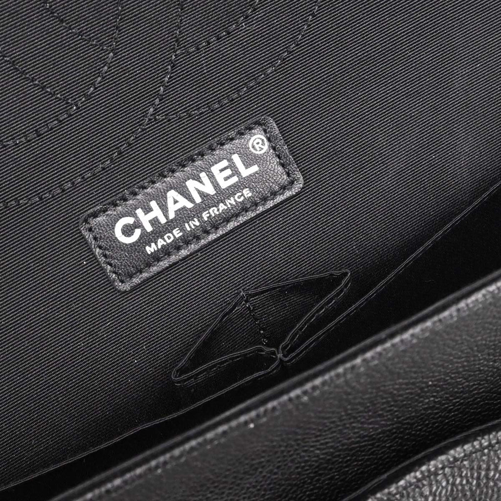 Chanel 2017 Black Caviar Skin Tweed Jumbo Classic Double Flap Shoulder Bag