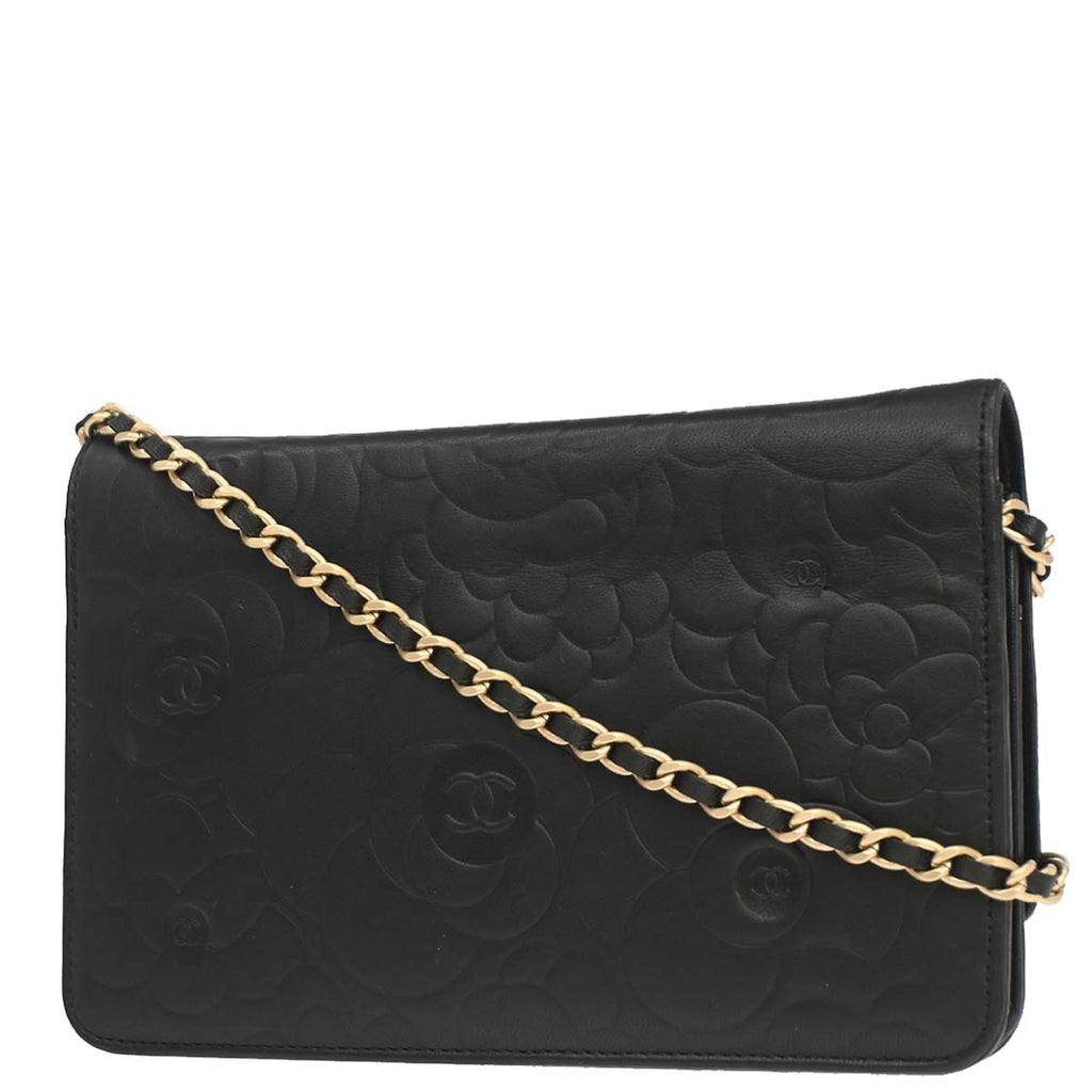 Chanel 2012 Black Lambskin Camellia WOC Wallet on Chain Bag