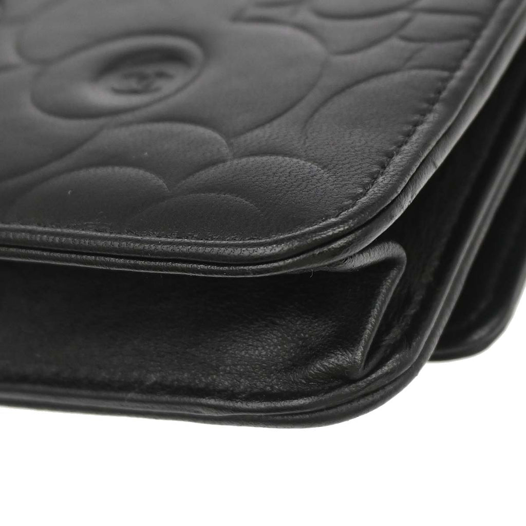 Chanel 2012 Black Lambskin Camellia WOC Wallet on Chain Bag