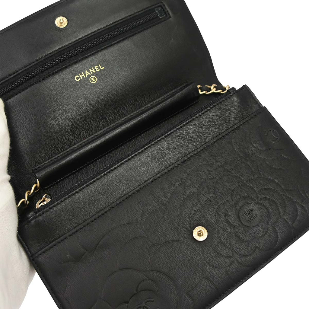Chanel 2012 Black Lambskin Camellia WOC Wallet on Chain Bag
