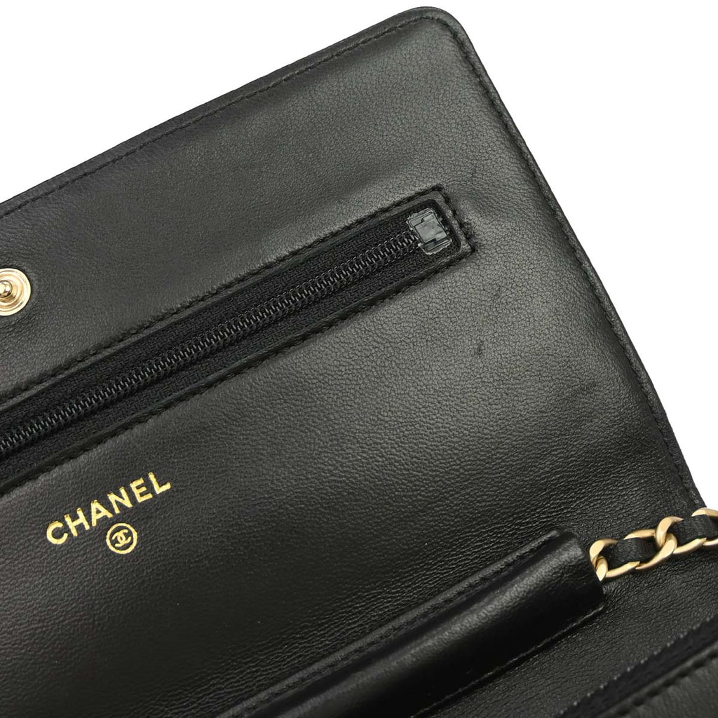 Chanel 2012 Black Lambskin Camellia WOC Wallet on Chain Bag