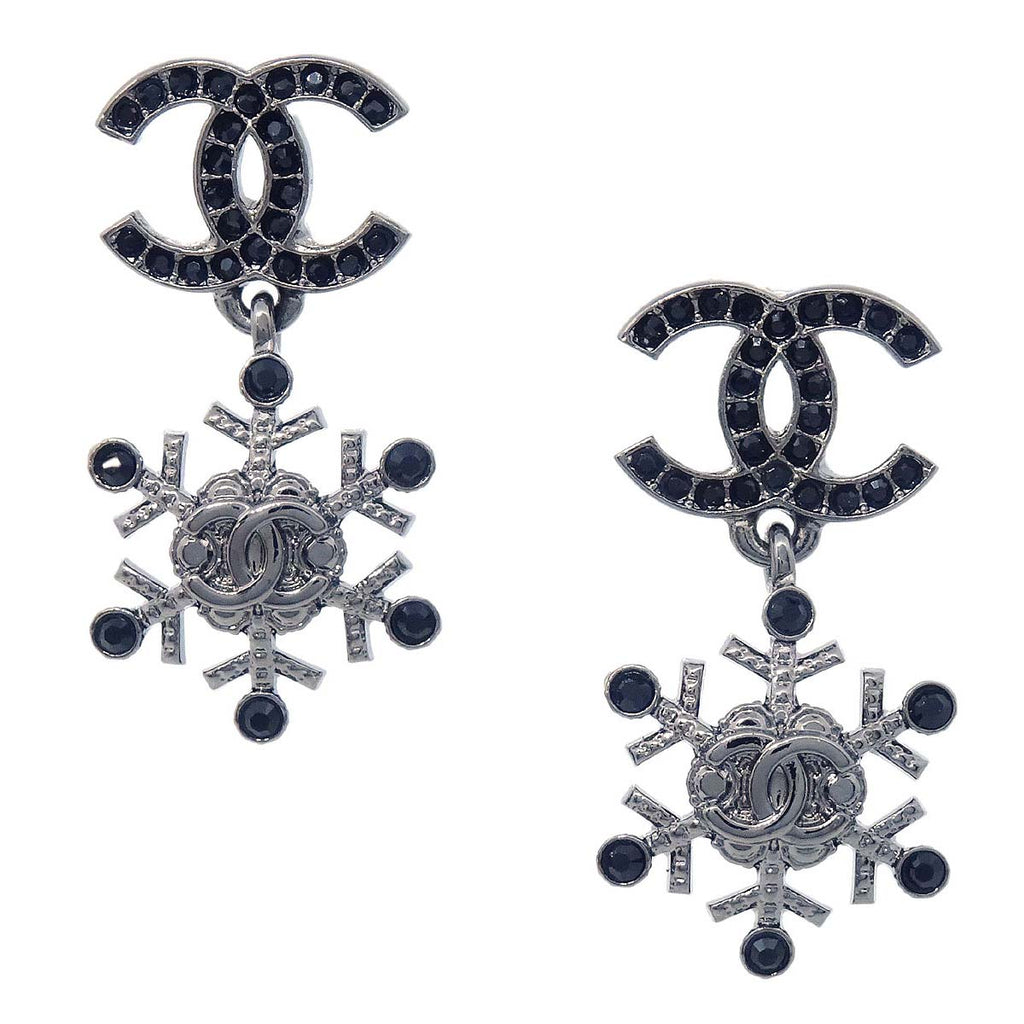 Chanel CC Snowflake Dangle Pierced Earrings Silver Rhinestone A19B