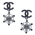 Chanel CC Snowflake Dangle Pierced Earrings Silver Rhinestone A19B
