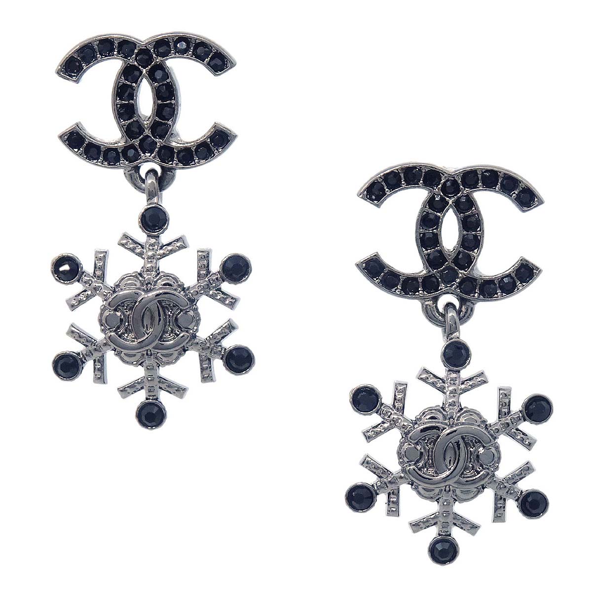Chanel CC Snowflake Dangle Pierced Earrings Silver Rhinestone A19B