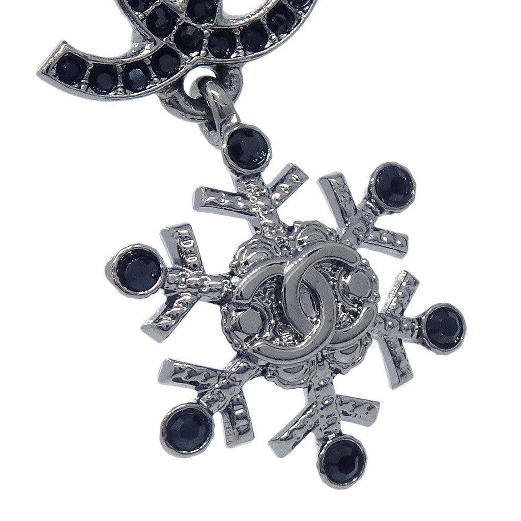 Chanel CC Snowflake Dangle Pierced Earrings Silver Rhinestone A19B