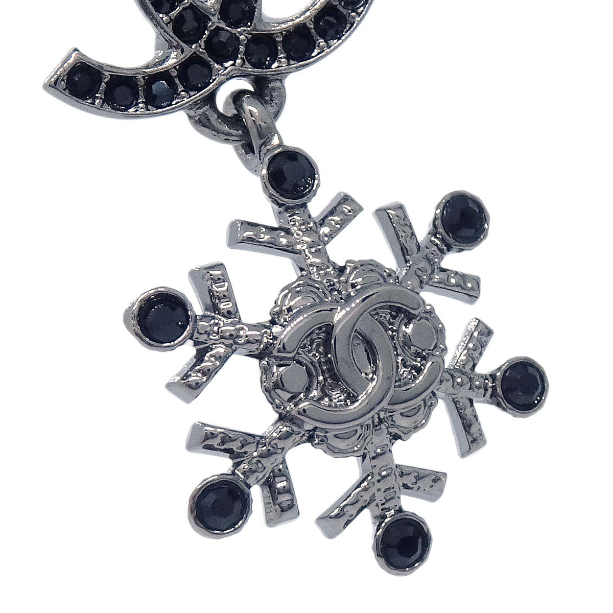 Chanel CC Snowflake Dangle Pierced Earrings Silver Rhinestone A19B