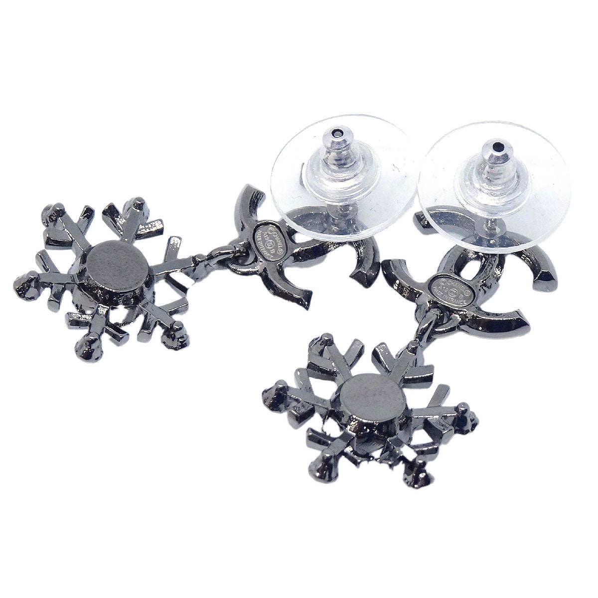 Chanel CC Snowflake Dangle Pierced Earrings Silver Rhinestone A19B