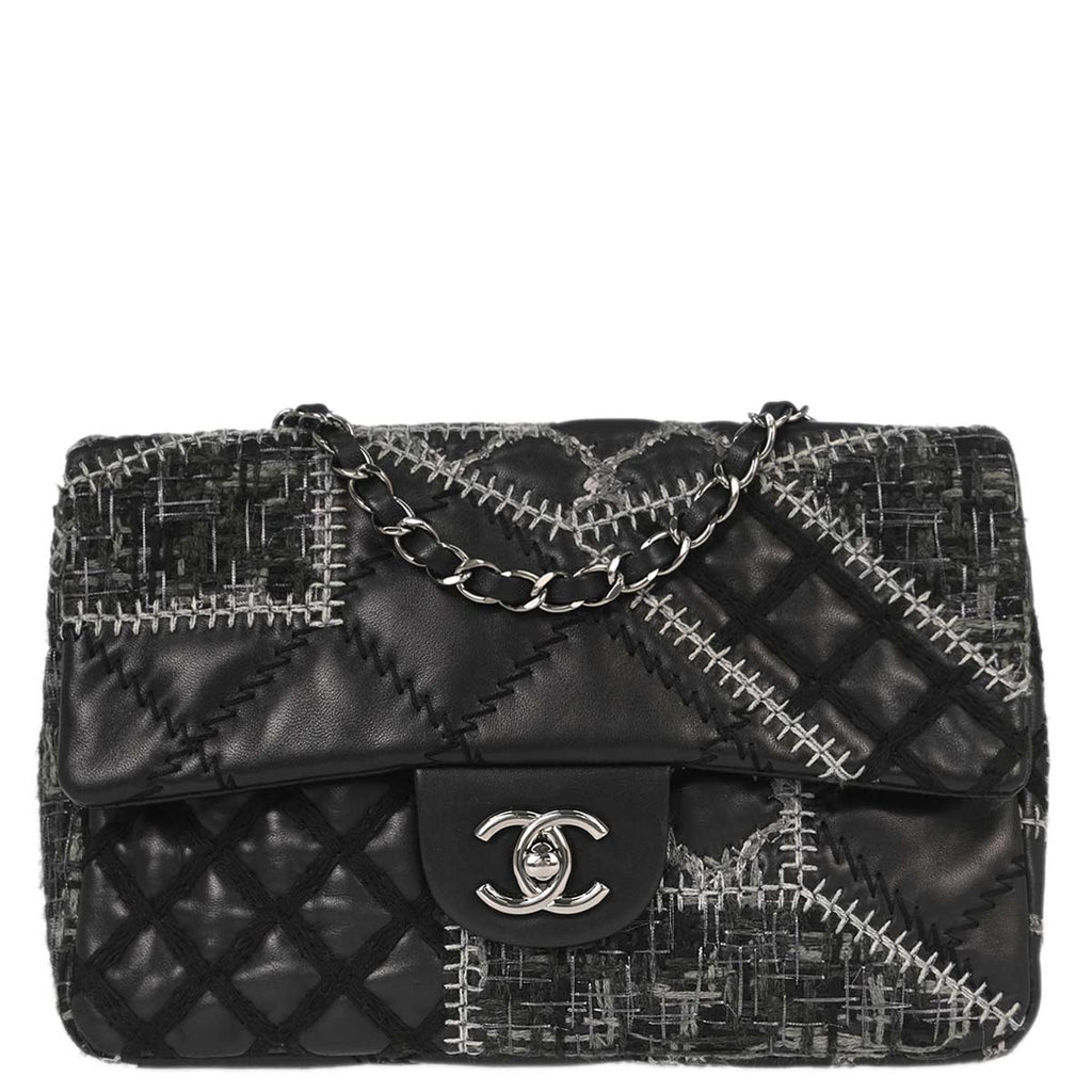 Chanel 2011 Black Tweed Lambskin Patchwork Stitch Shoulder Bag