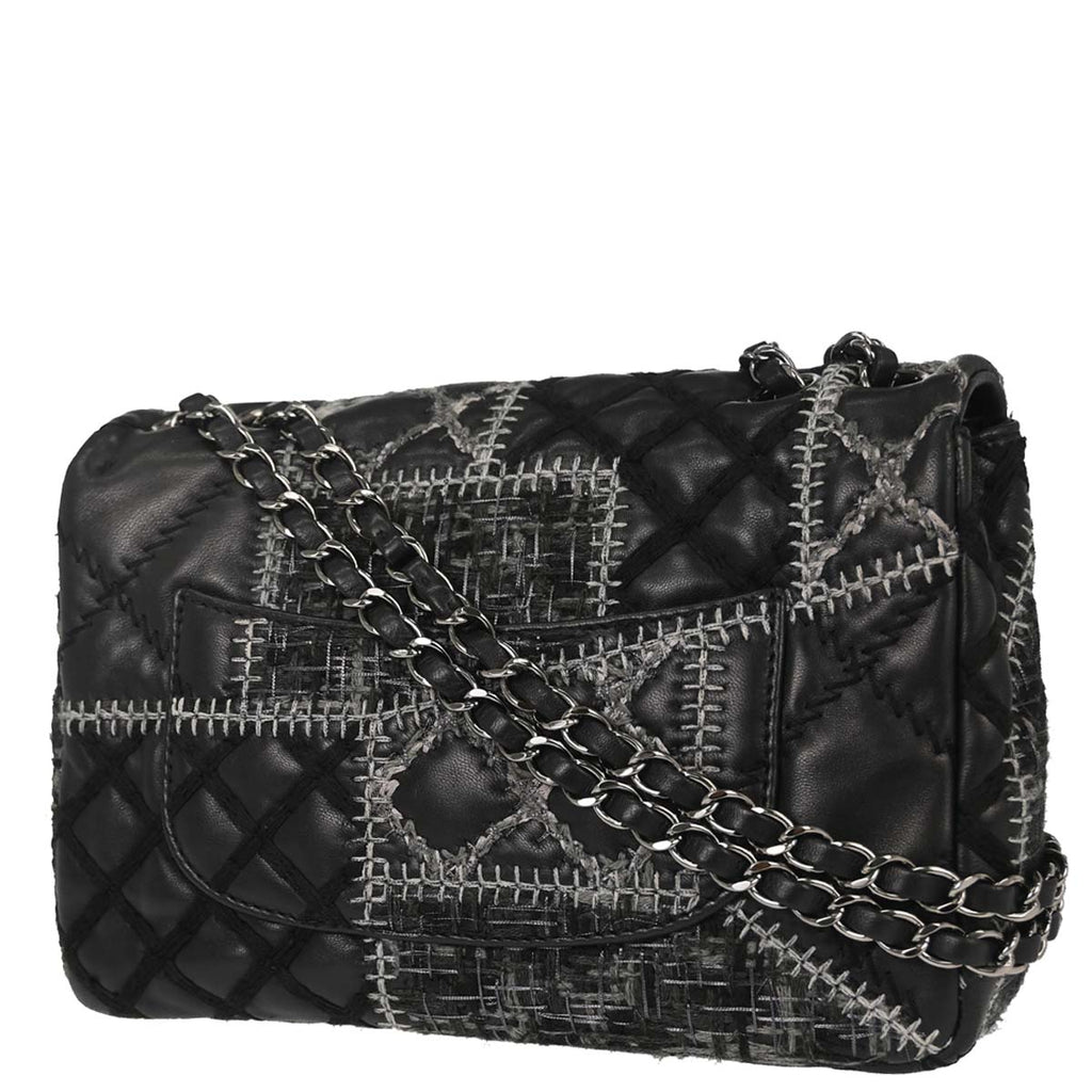 Chanel 2011 Black Tweed Lambskin Patchwork Stitch Shoulder Bag