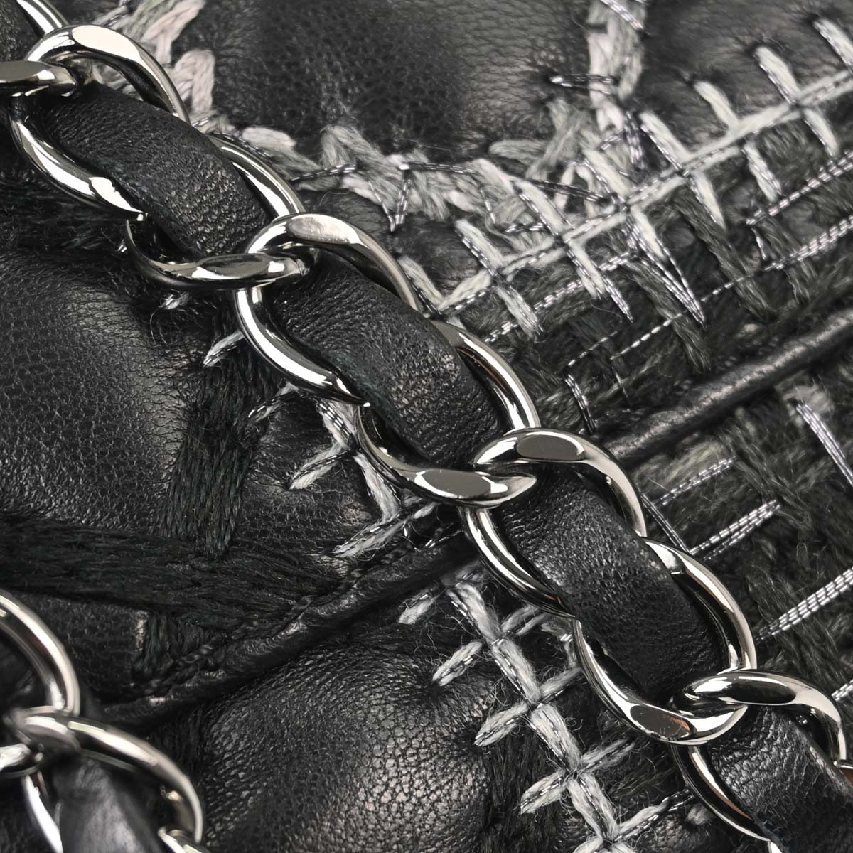 Chanel 2011 Black Tweed Lambskin Patchwork Stitch Shoulder Bag