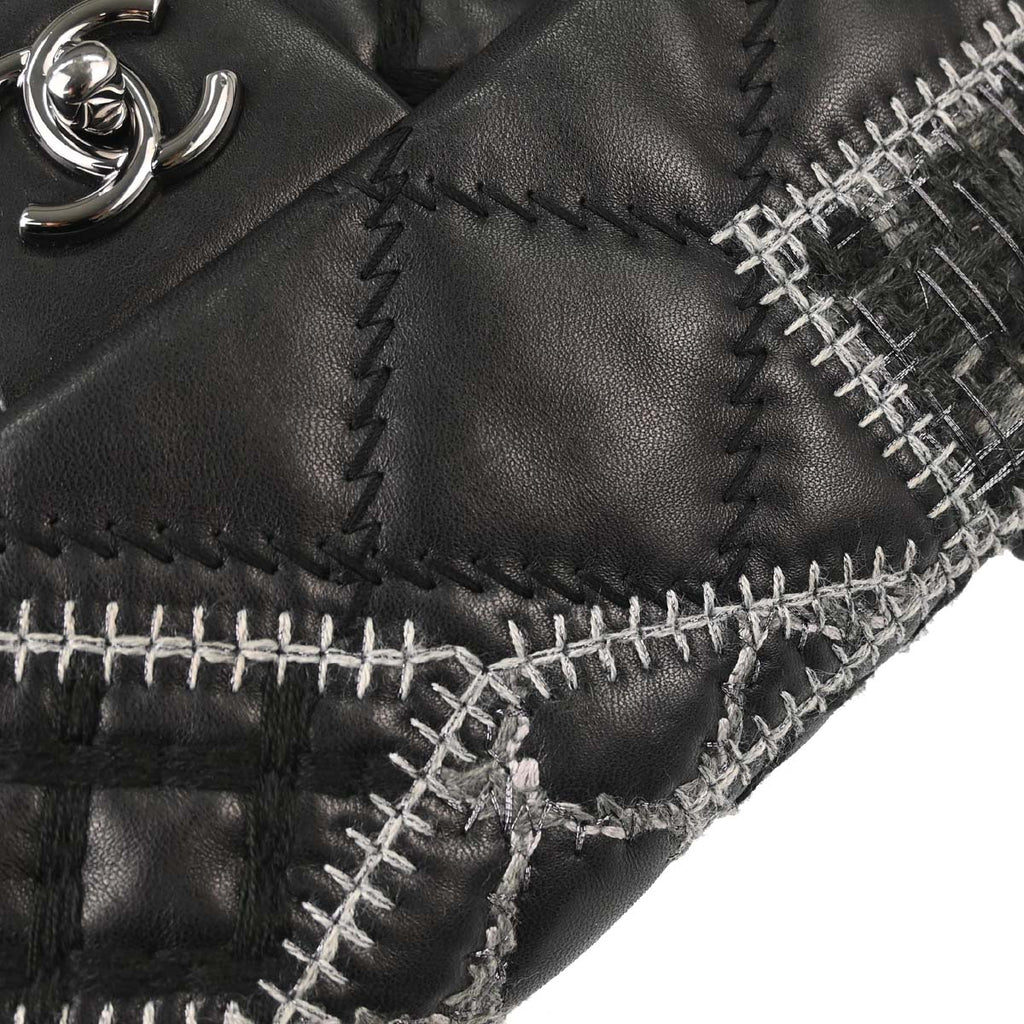 Chanel 2011 Black Tweed Lambskin Patchwork Stitch Shoulder Bag