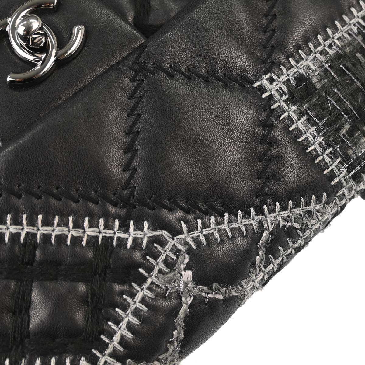 Chanel 2011 Black Tweed Lambskin Patchwork Stitch Shoulder Bag