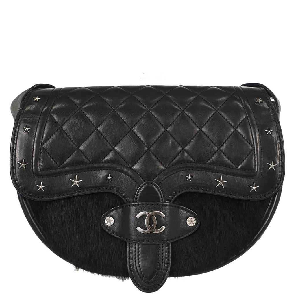 Chanel 2014 Black Calfskin Pony Hair Paris-Dallas Saddle Shoulder Bag