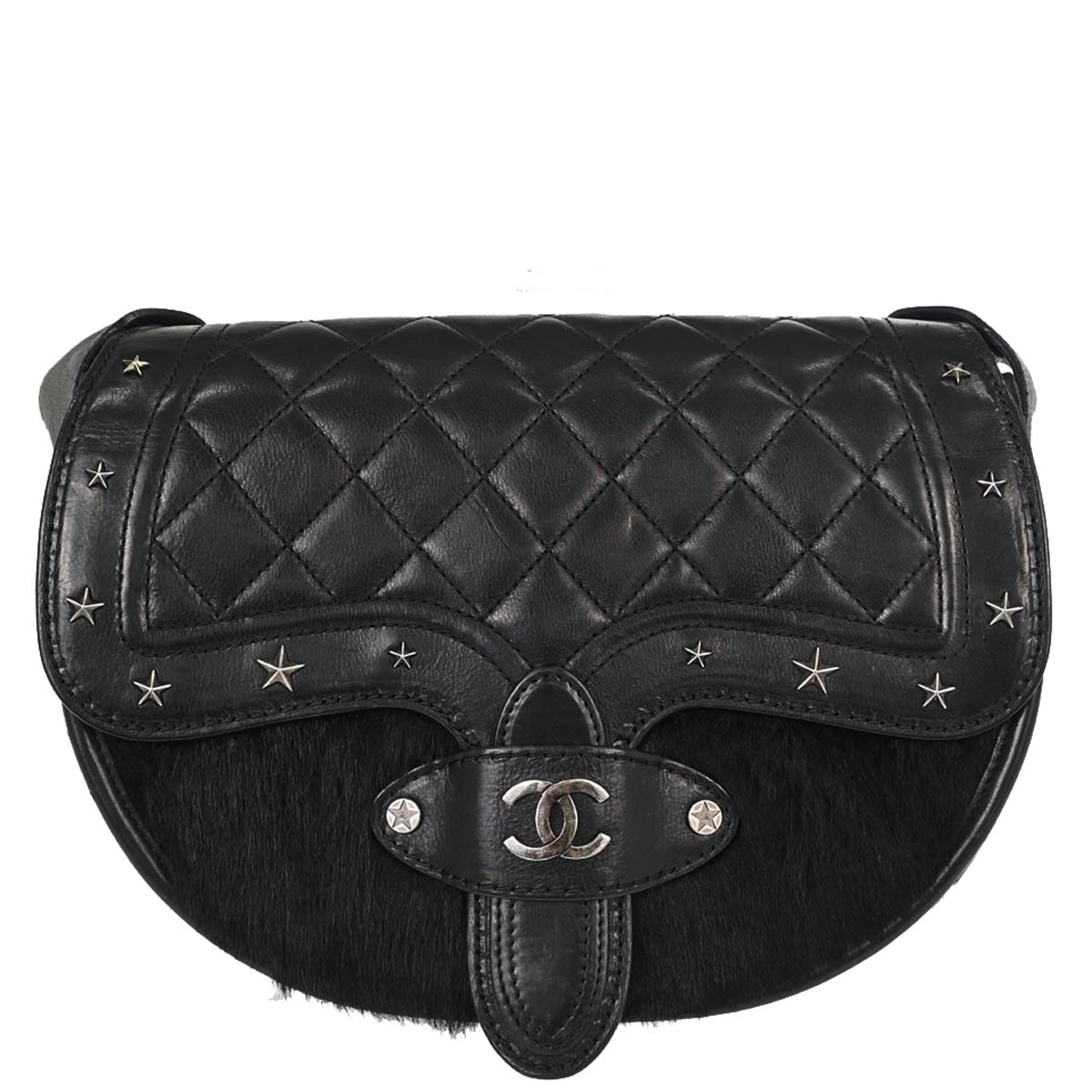 Chanel 2014 Black Calfskin Pony Hair Paris-Dallas Saddle Shoulder Bag