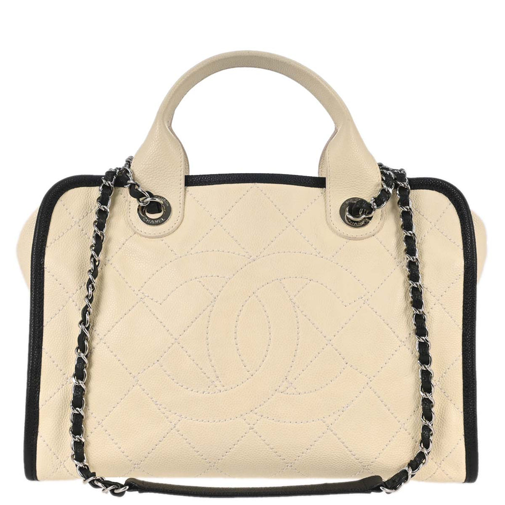 Chanel 2014-2015 Ivory Calfskin Deauville Bowling Bag 2way Shoulder Handbag