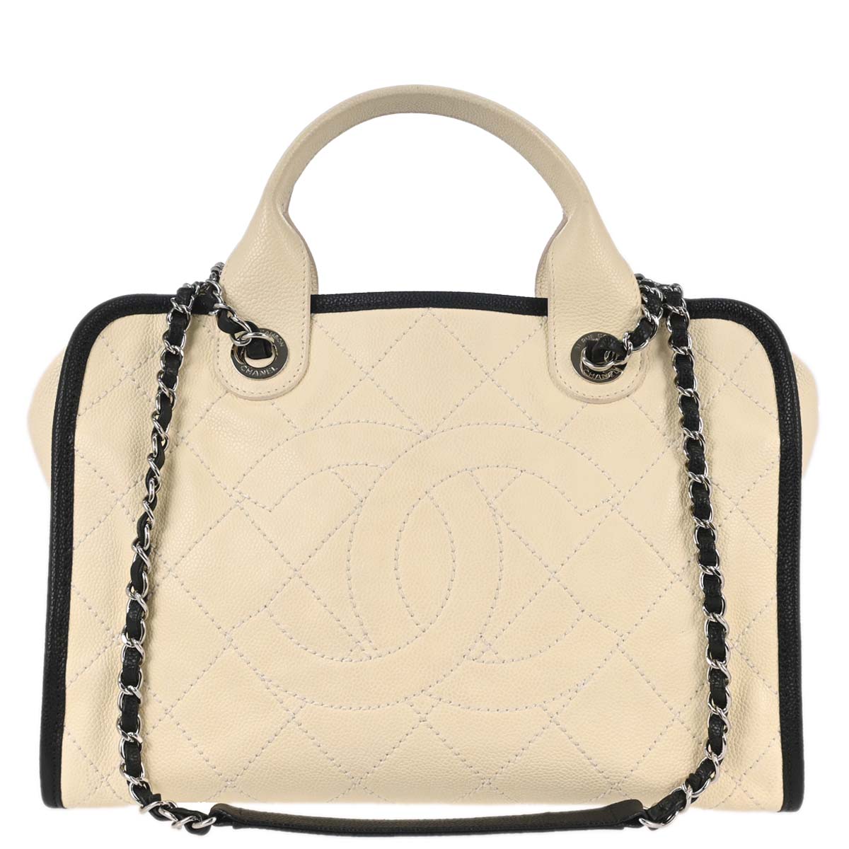 Chanel 2014-2015 Ivory Calfskin Deauville Bowling Bag 2way Shoulder Handbag