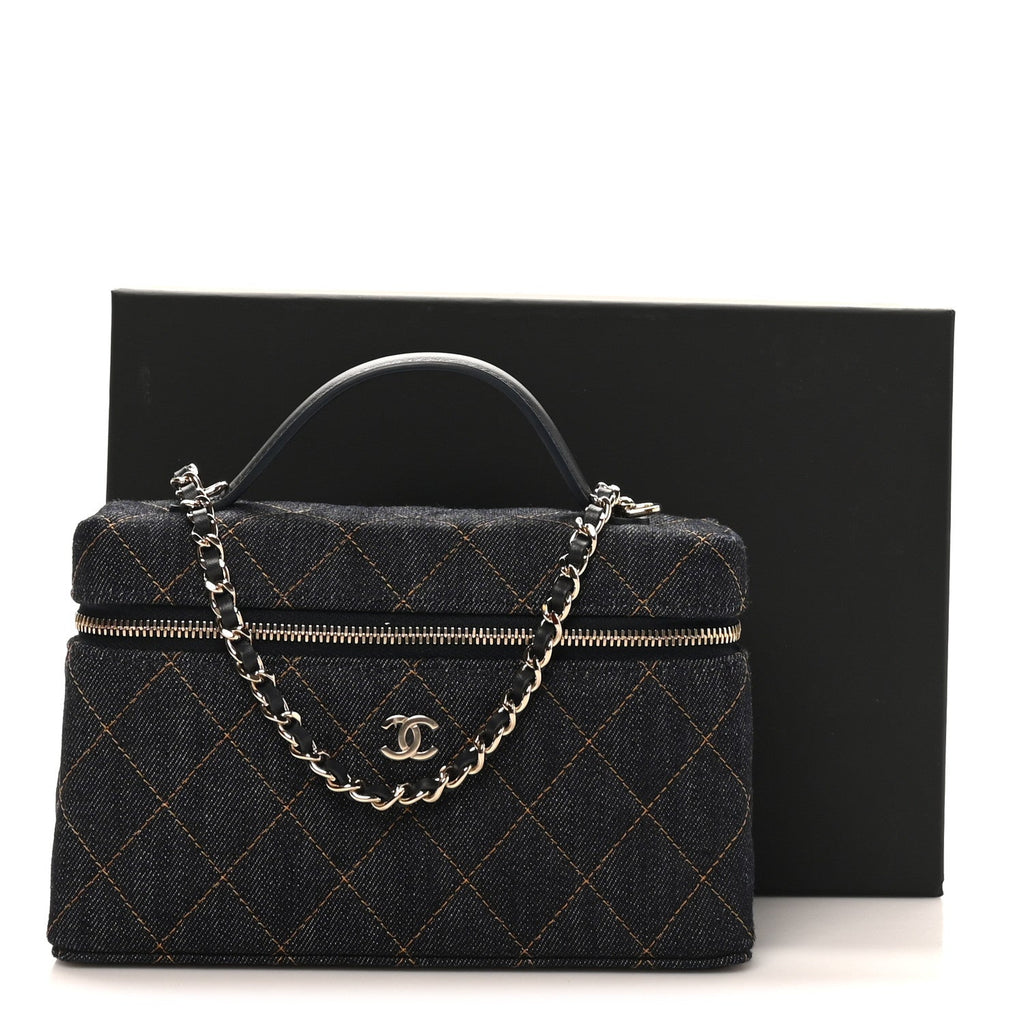 Chanel Denim Quilted Top Handle Slim Vanity Case With Chain Dark Blue Orange