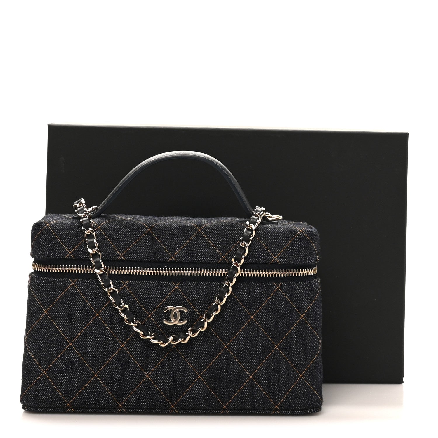 Chanel Denim Quilted Top Handle Slim Vanity Case With Chain Dark Blue Orange
